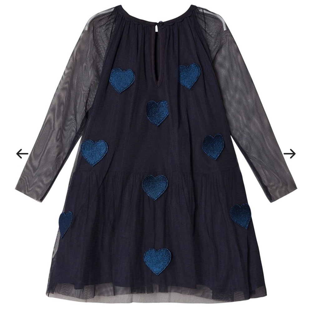 kids navy A line dress with blue heart appliques a soft navy blue tool overlay